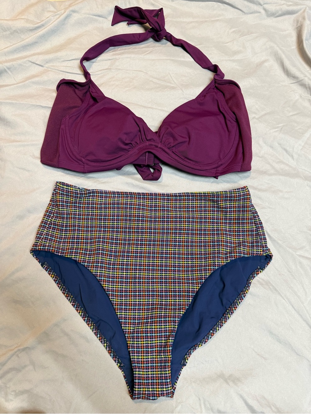 Athleta Mix Match Bikini Twist up Plum Top & seersucker bottoms M / 36 B/C